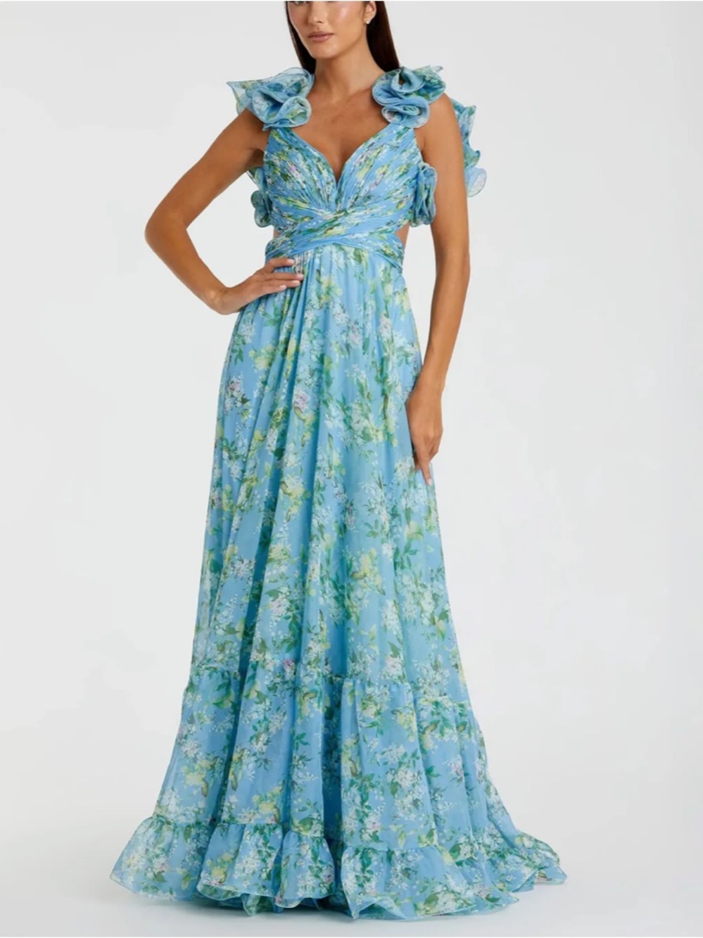NWT Mac Duggal 67803 Ruffle Tiered Floral Cut Out Chiffon Gown Anthropologie - Picture 2 of 8